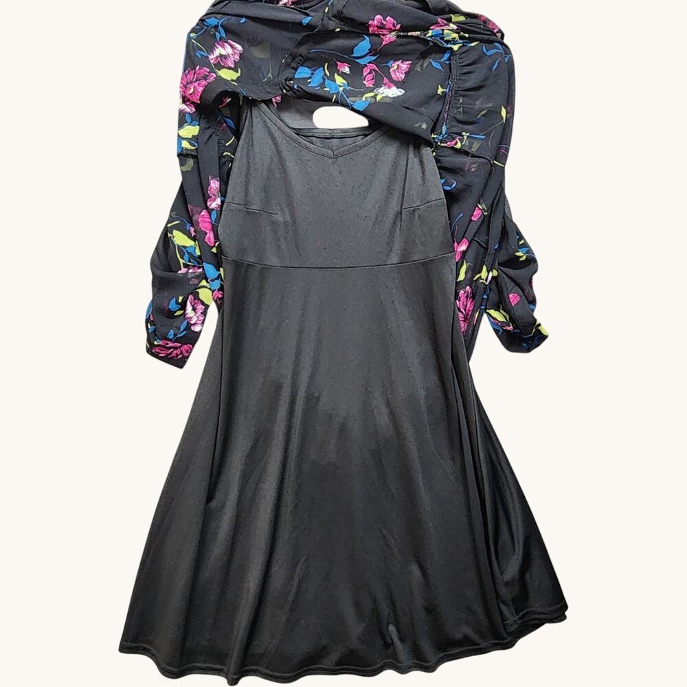 Torrid Midi Dress Women 10 Floral Black Lined Chiffon 3/4 Sleeve Church Office - Picture 3 of 16